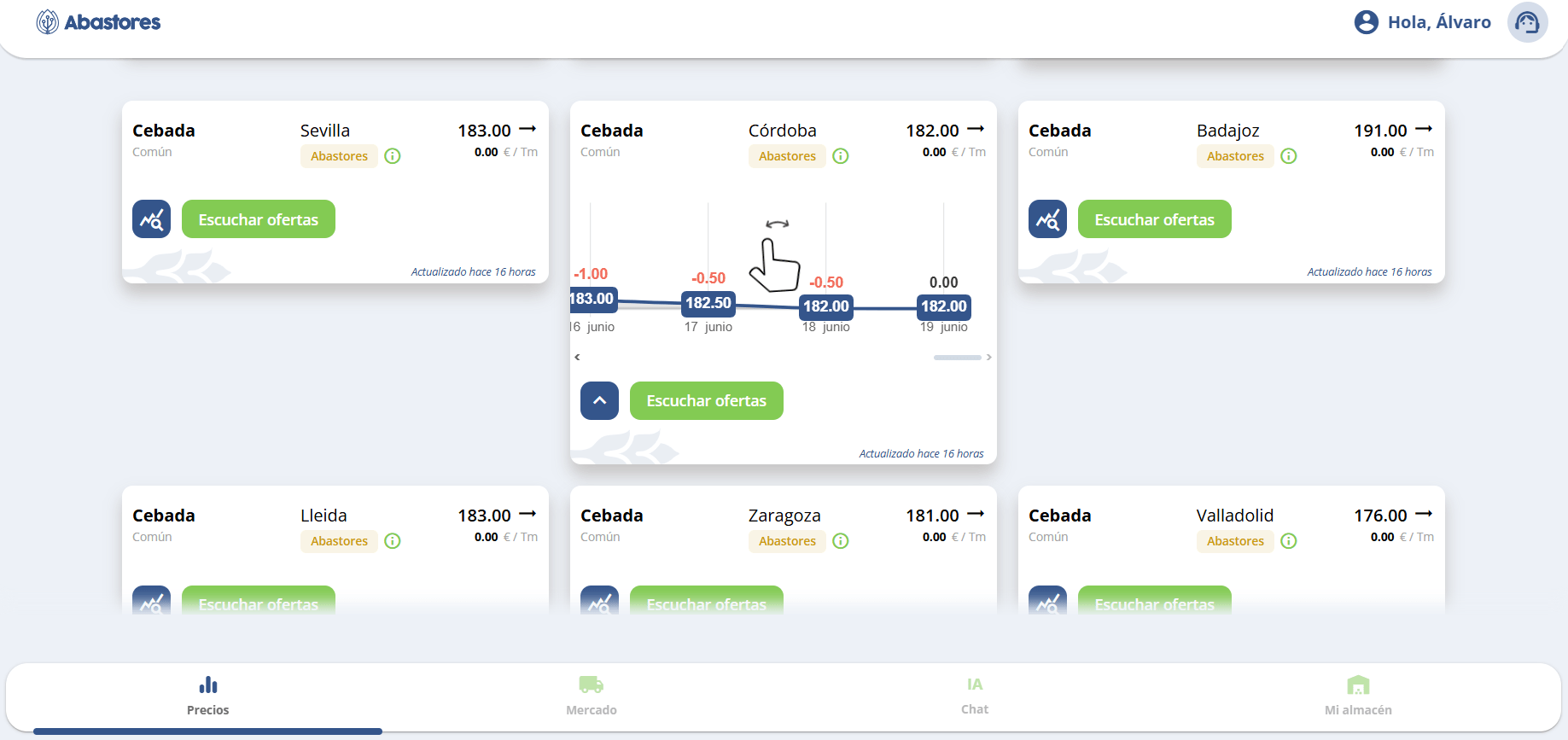 Imagen 2 de 5: Vista de listado de productos, con información como precio, proveedor y botones de compra.
