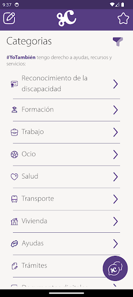 Imagen 2 de 5: Listado de las diferentes categorías de los recursos que ofrece la aplicación.