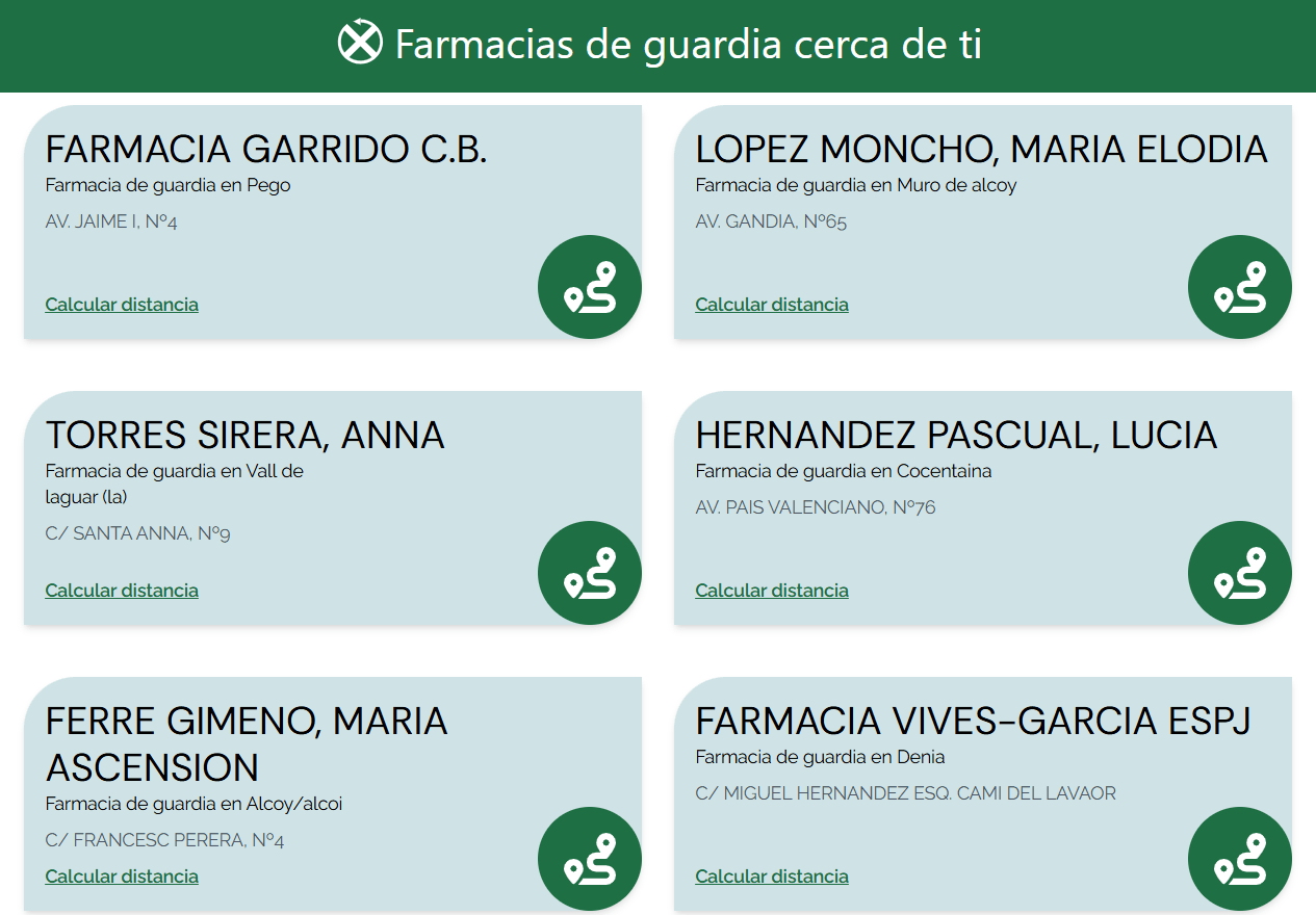 Imagen 2 de 4: Listado de farmacias de guardia cercanas, con los nombres de las mismas así como su ubicación.