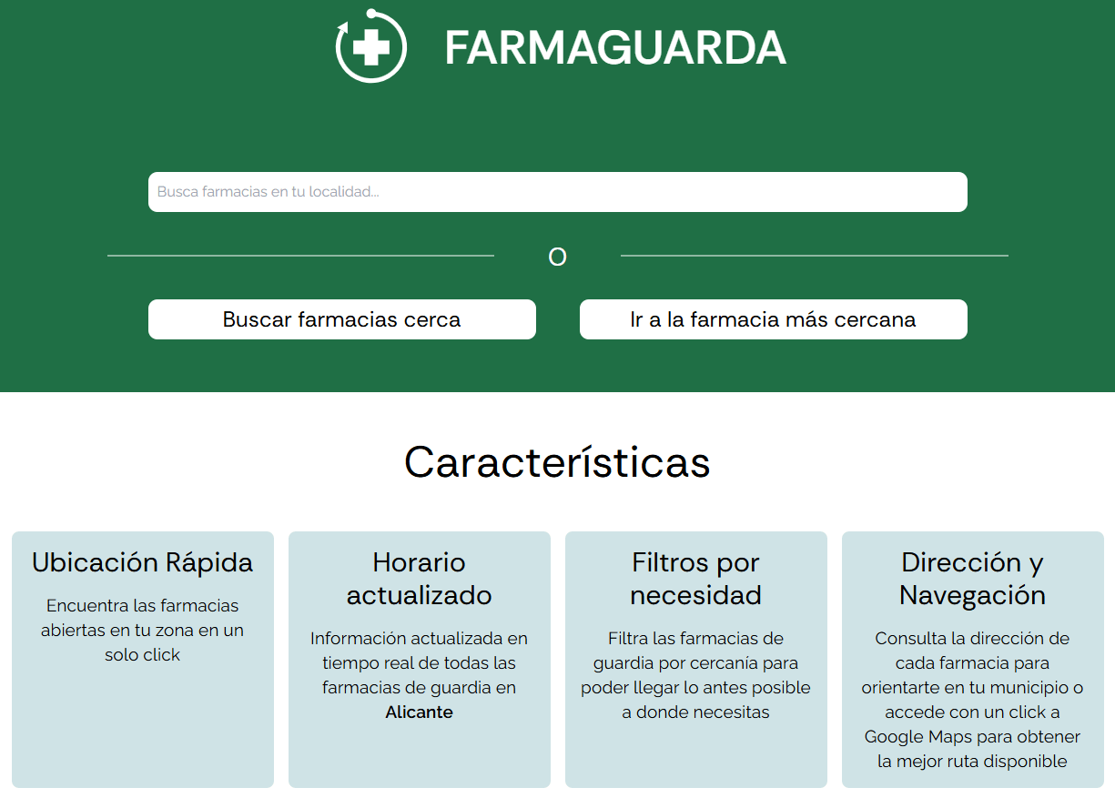 Captura de pantalla de la página web Farmaguarda, mostrando su página inicial